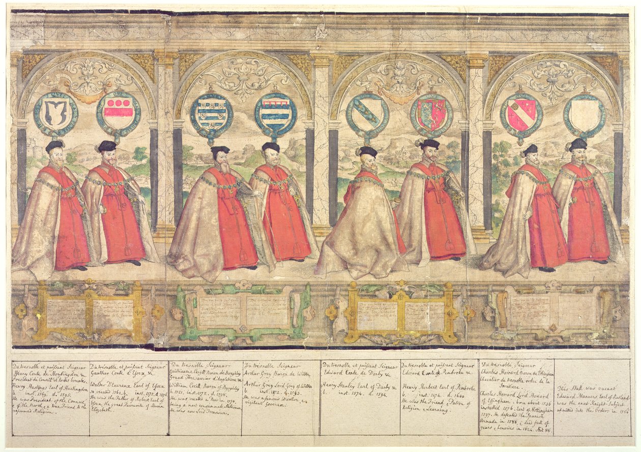 温莎吊袜带的虚构复合游行，由Marcus Gheeraerts雕刻的长老1576（彩色蚀刻） 作者 英语学校