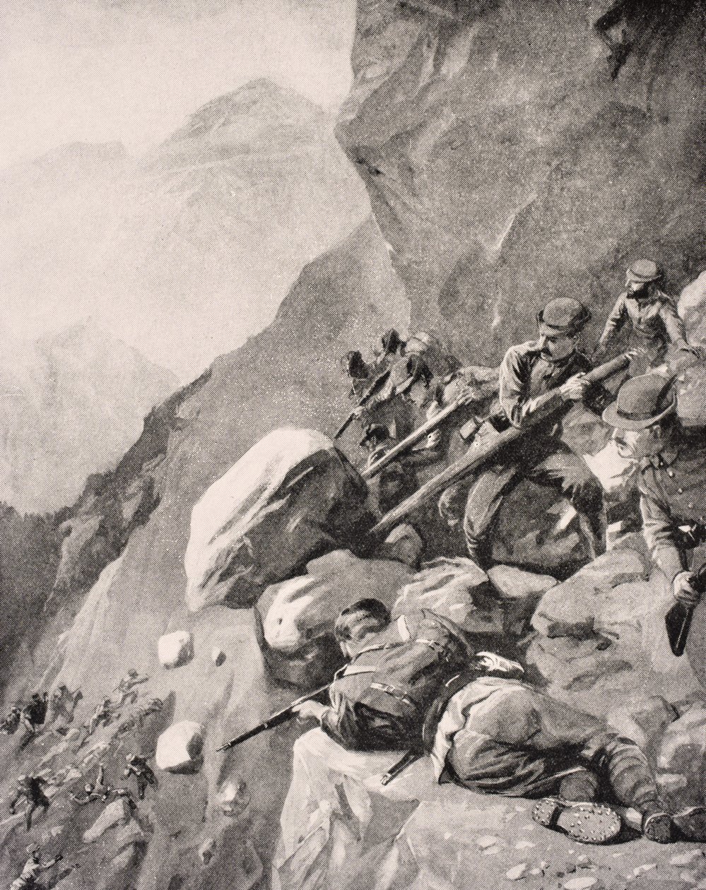 1915年，意大利军队在1916年伦敦出版的“战争画报专辑”中将巨石砸向敌人士兵，1916年 作者 英语学校