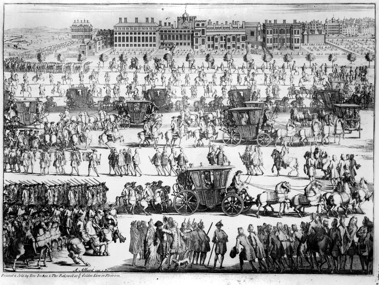 1714年9月20日，乔治一世国王游行到圣詹姆斯宫，由亚伯拉罕·阿拉德雕刻 作者 英语学校