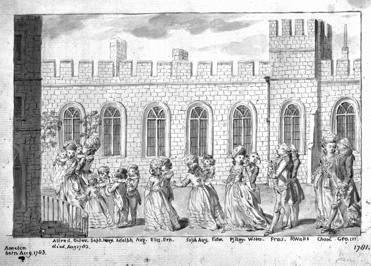 国王乔治三世和夏洛特女王与他们的十四个孩子一起游行，1781年（笔和纸上洗） 作者 英语学校