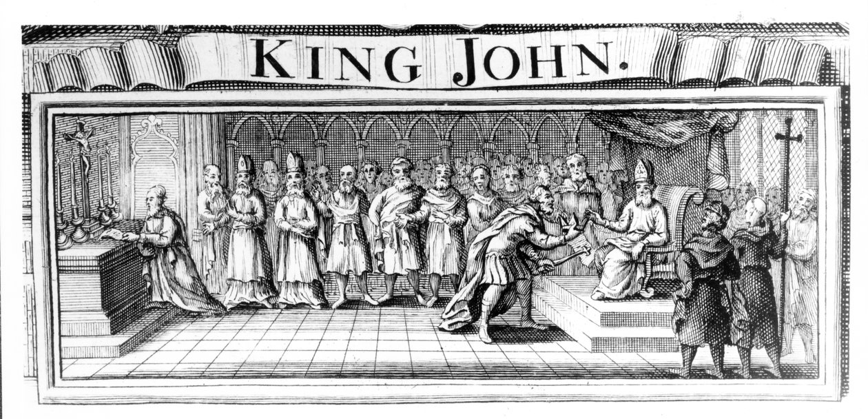 约翰国王于1213年5月在多佛（Dover）将自己的王冠交给了教皇牧师潘杜夫·马斯卡（Pandulph Masca） 作者 英语学校
