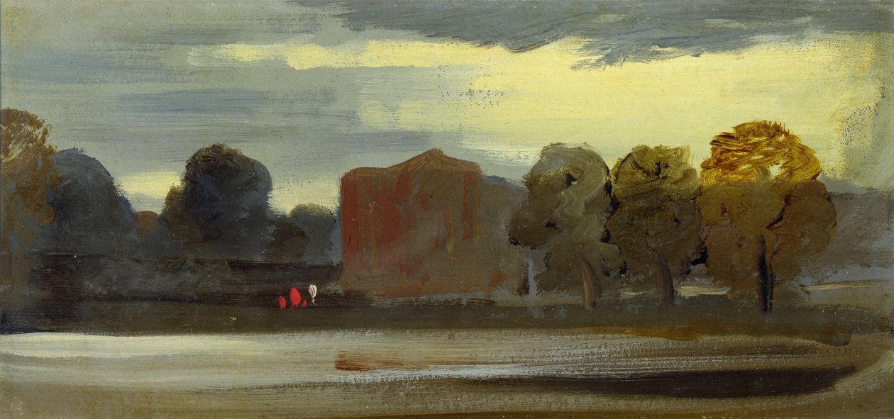 湖景（Lake Scene）之前归功于JMW Turner（1775-1851），也归功于Peter de Wint（1784-1849），1828-29（纸上油画） 作者 英语学校