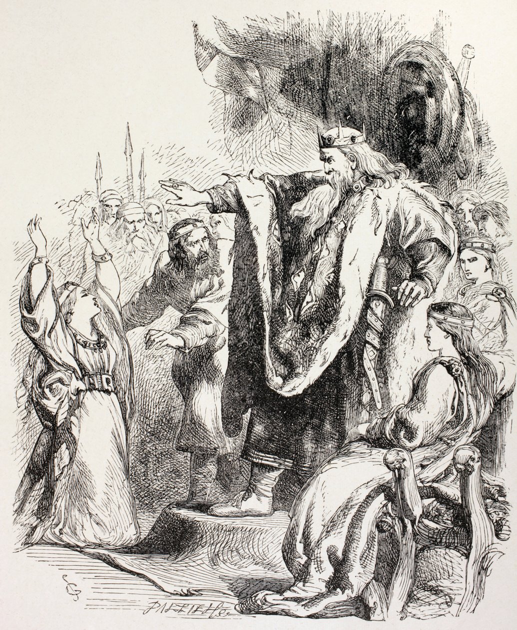 李尔认为，Cordelia并不爱他，并从1850年伦敦出版的“图画图书馆莎士比亚”中剥夺了李娜王的插图。 作者 英语学校