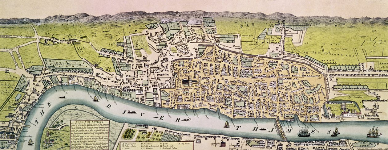 Londinium Antiqua，伦敦地图，酒吧。作者William Darton，1563（手工彩色雕刻） 作者 英语学校