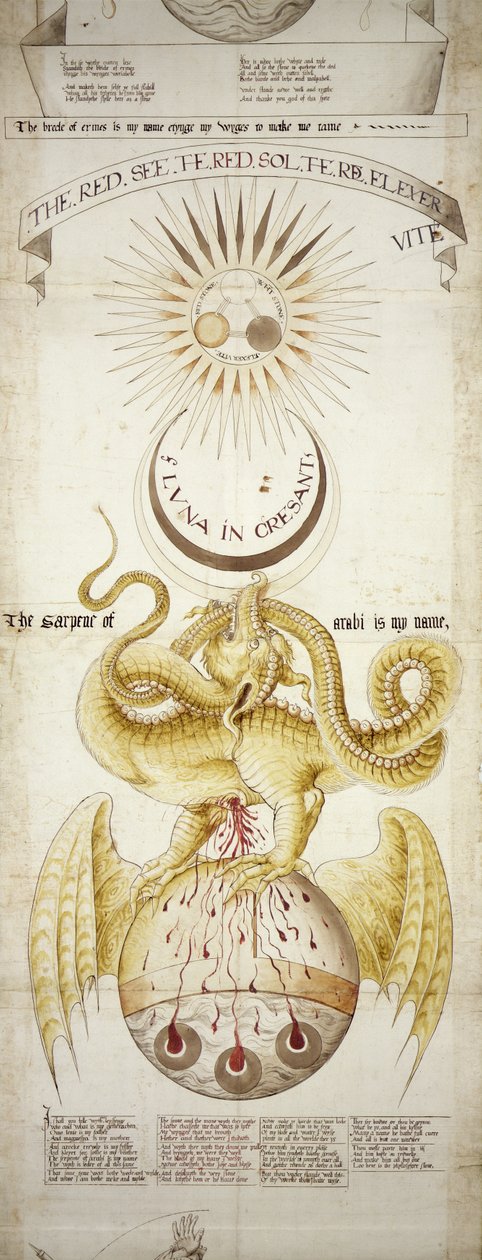 MS.276用于制作哲学家石的炼金术过程的象征图，场景4，来自Ripley Scrolls（纸上的墨水安装在亚麻布上） 作者 英语学校