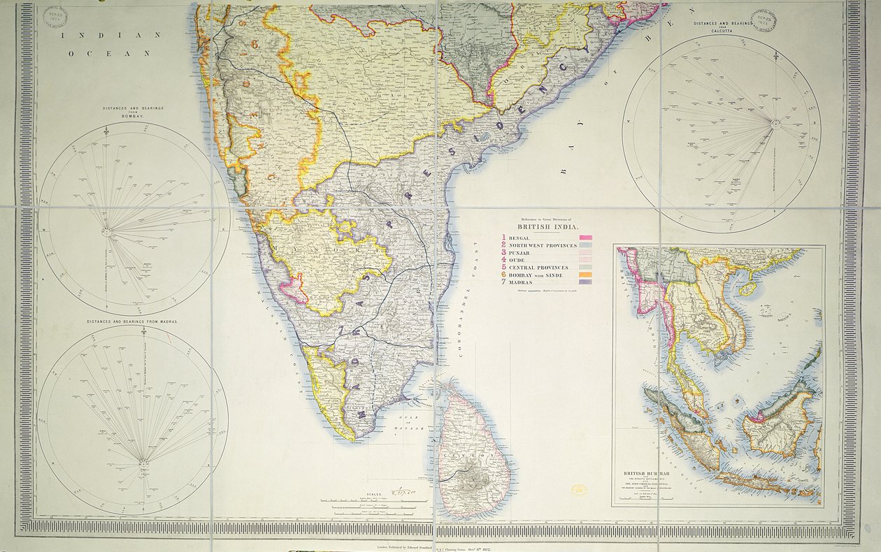 英国南印度地图，1872年（彩色石版画） 作者 英语学校