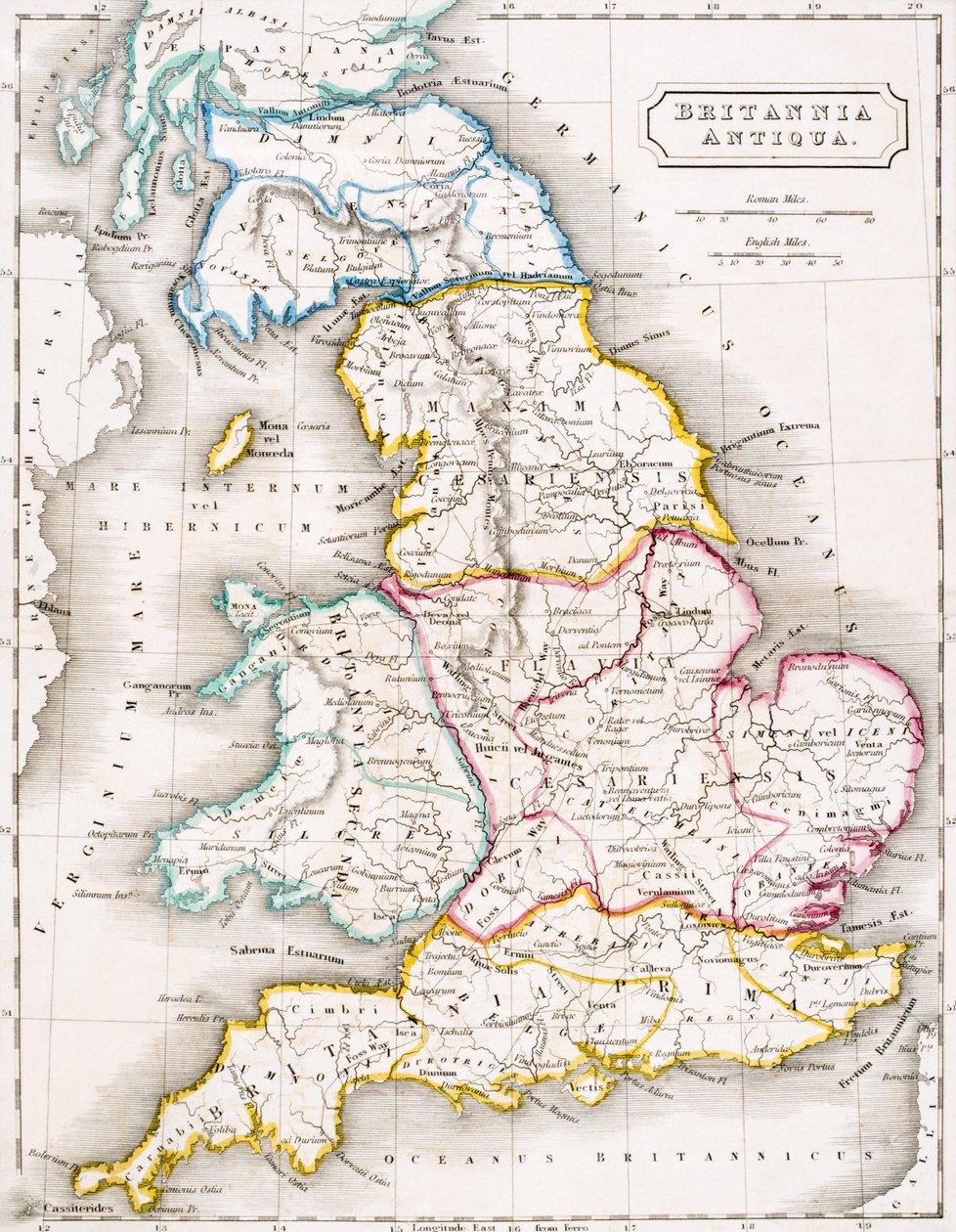 英国地图，Britannia Antiqua，来自“古代地理图谱”，由塞缪尔巴特勒出版，伦敦出版，c.1829 作者 英语学校