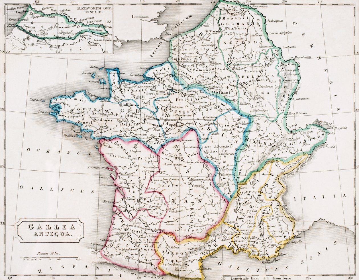 法国地图，Gallia Antique，来自“古代地理图谱”，由Samuel Butler出版，伦敦出版，c.1829 作者 英语学校