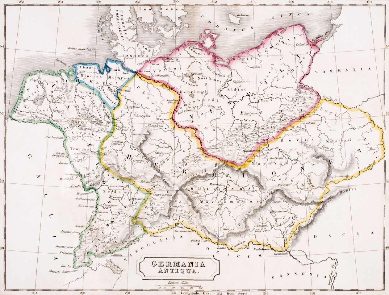 来自“古地理图谱”的德国，Germania Antiqua地图，由塞缪尔巴特勒出版，伦敦出版，c.1829 作者 英语学校