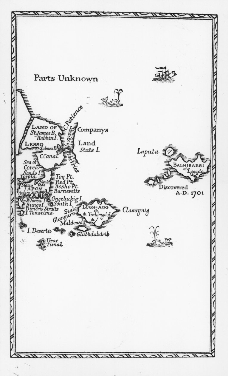 Laputa，Balnibari，Luggnagg，Glubbdubdrib和日本的地图，来自Jonathan Swift的第一版&39;Gulliver&39;s Travels&39;的插图，1726年（打印） 作者 英语学校