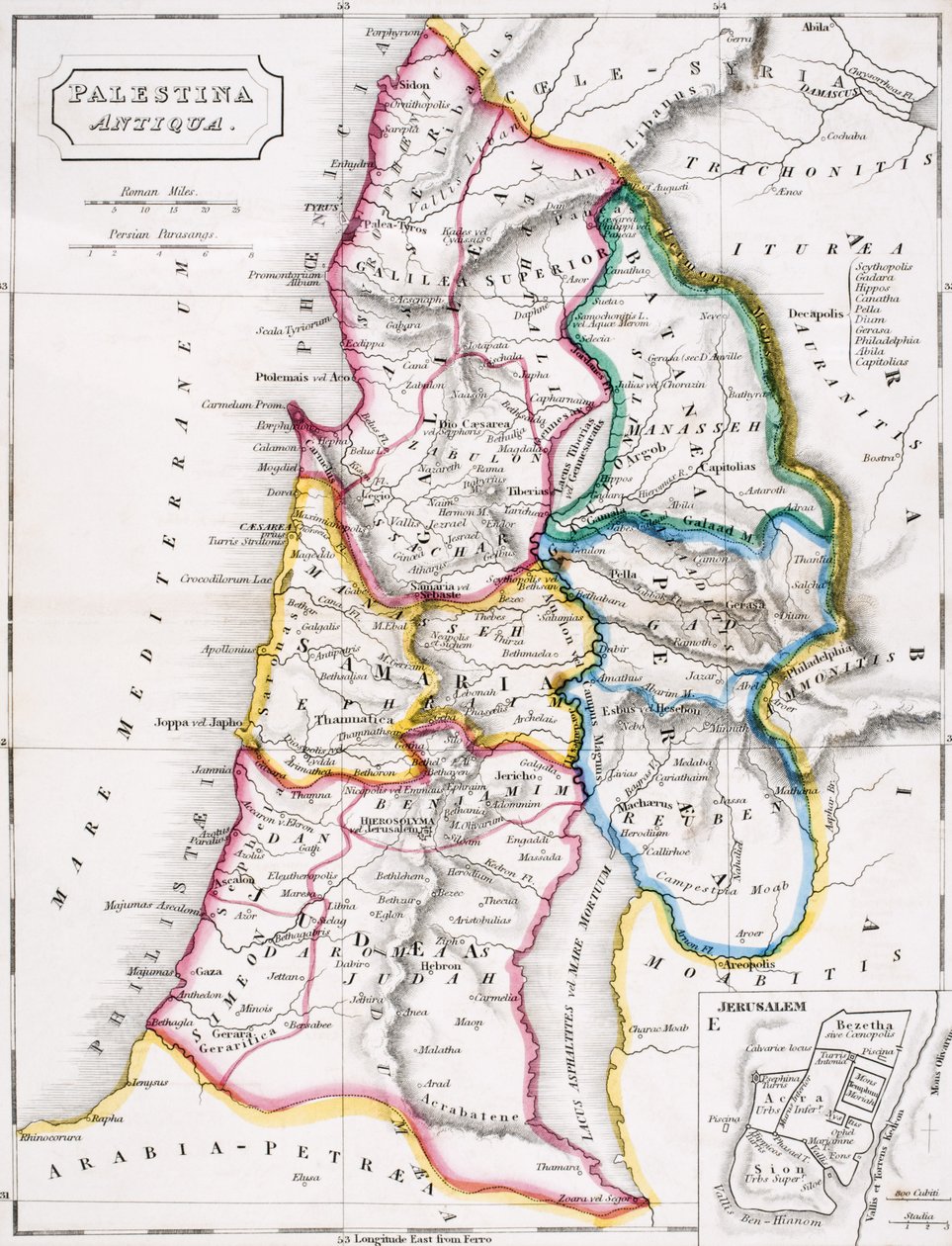 巴勒斯坦地图，巴勒斯坦安提瓜，来自塞缪尔巴特勒的“古地理地图集”，于伦敦出版，c.1829 作者 英语学校