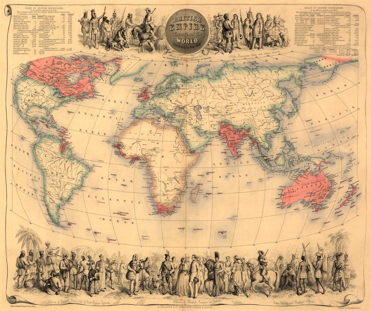 拥有大英帝国红色的世界地图，1870年（手工彩色雕刻） 作者 英语学校