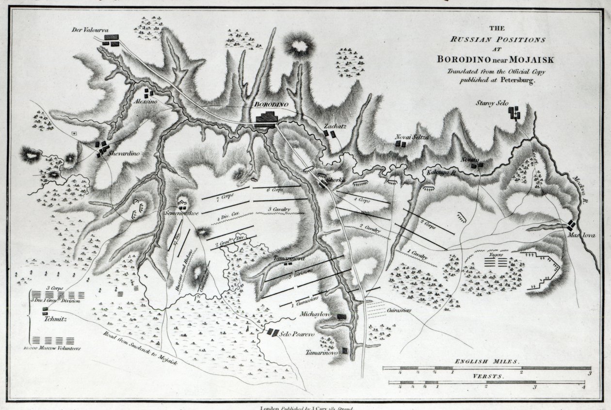 地图显示了在波罗底诺战役中的俄罗斯阵地，1812年 作者 英语学校