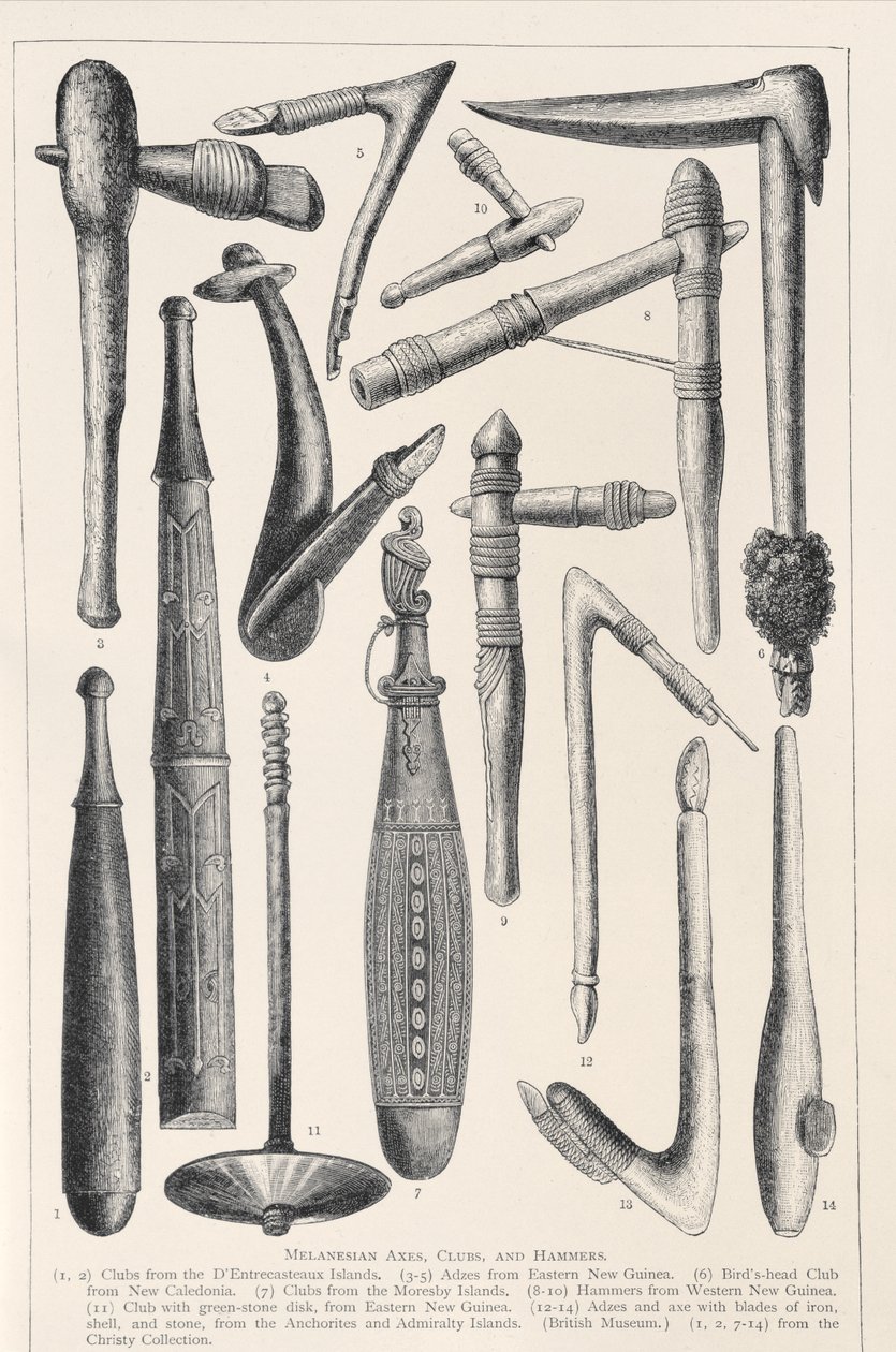 美拉尼西亚斧头，棍棒和锤子，来自人类历史，第1卷，由Friedrich Ratzel教授，1896年 作者 英语学校