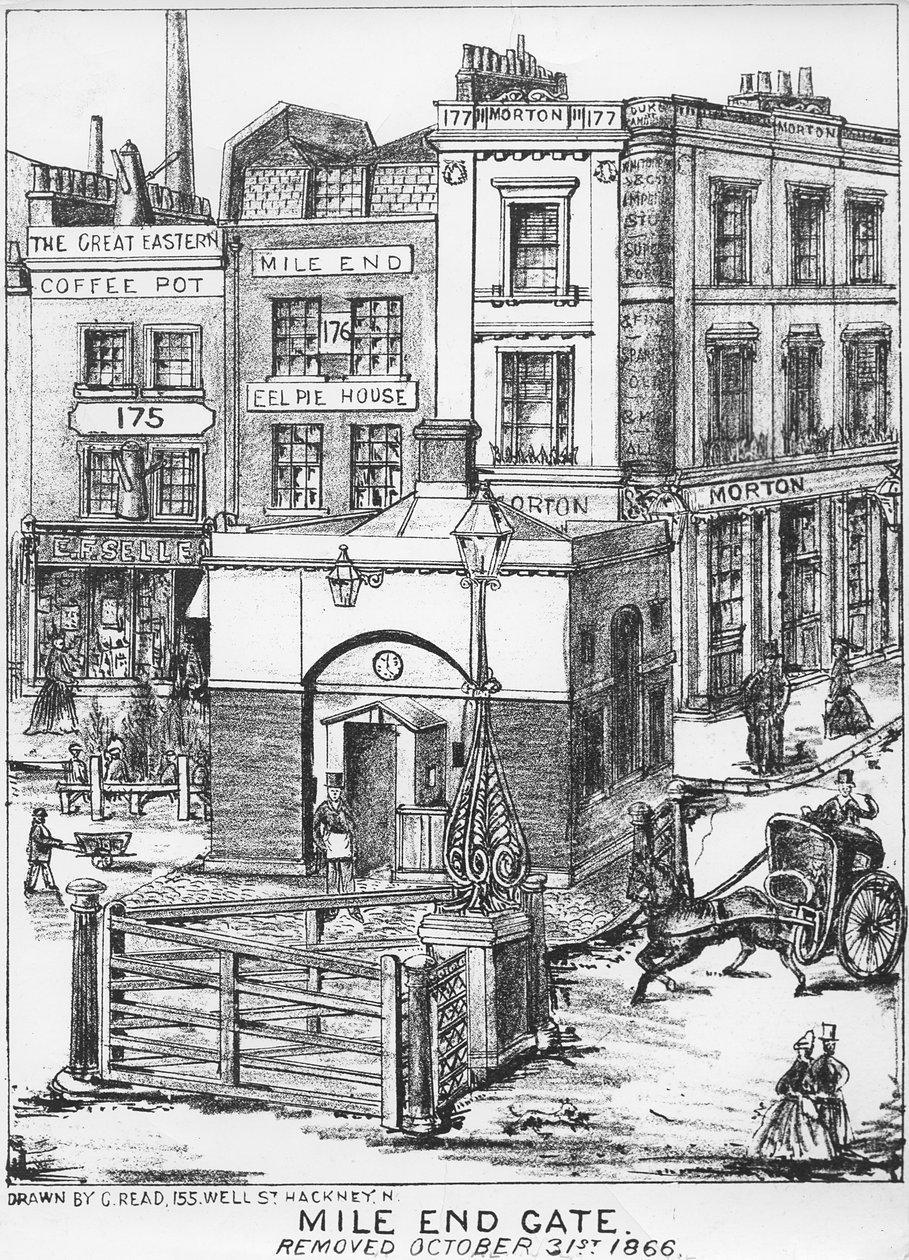Mile End Gate，c.1866（纸和笔上的木炭） 作者 英语学校