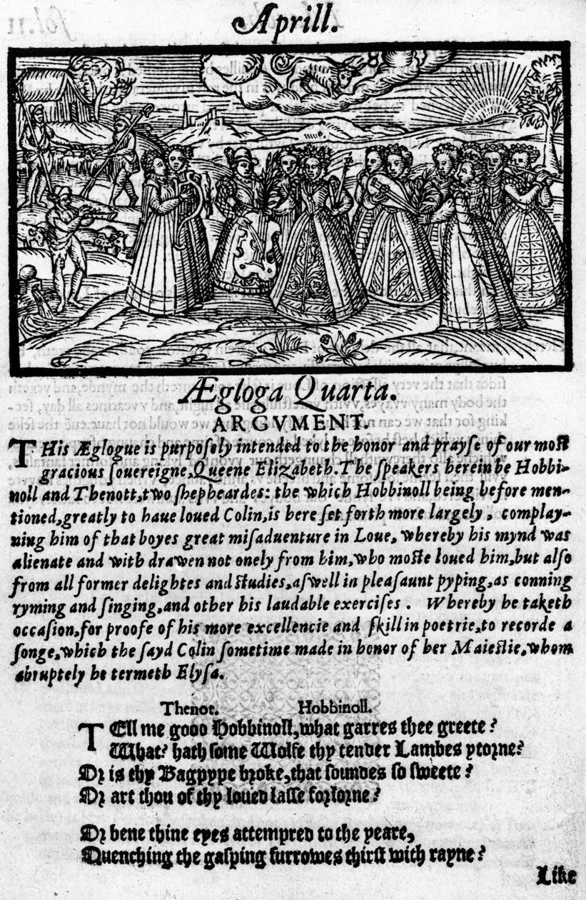 4月，来自Edmund Spenser的“The Shepheardes Calender”（1552-99），原始传真于1579年出版 作者 英语学校