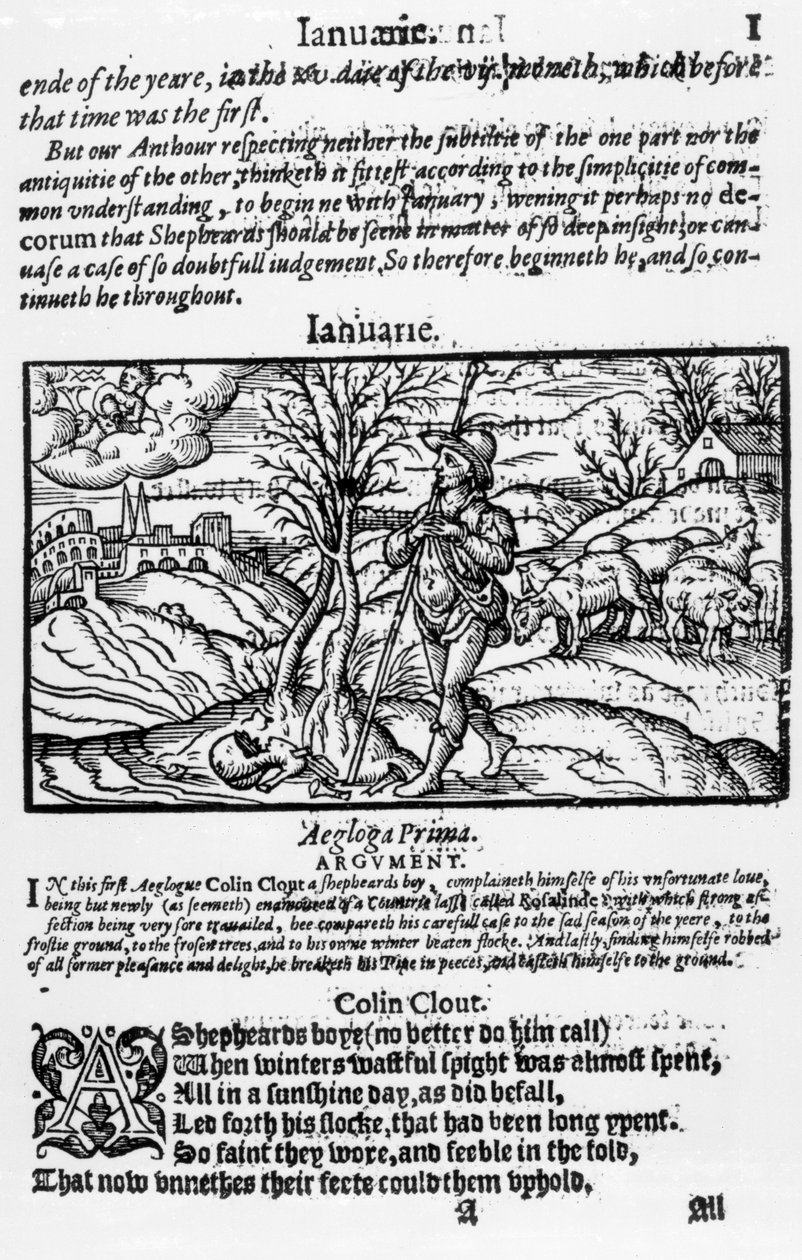1月，来自Edmund Spenser的“Shepheardes日历”（1552-99） 作者 英语学校