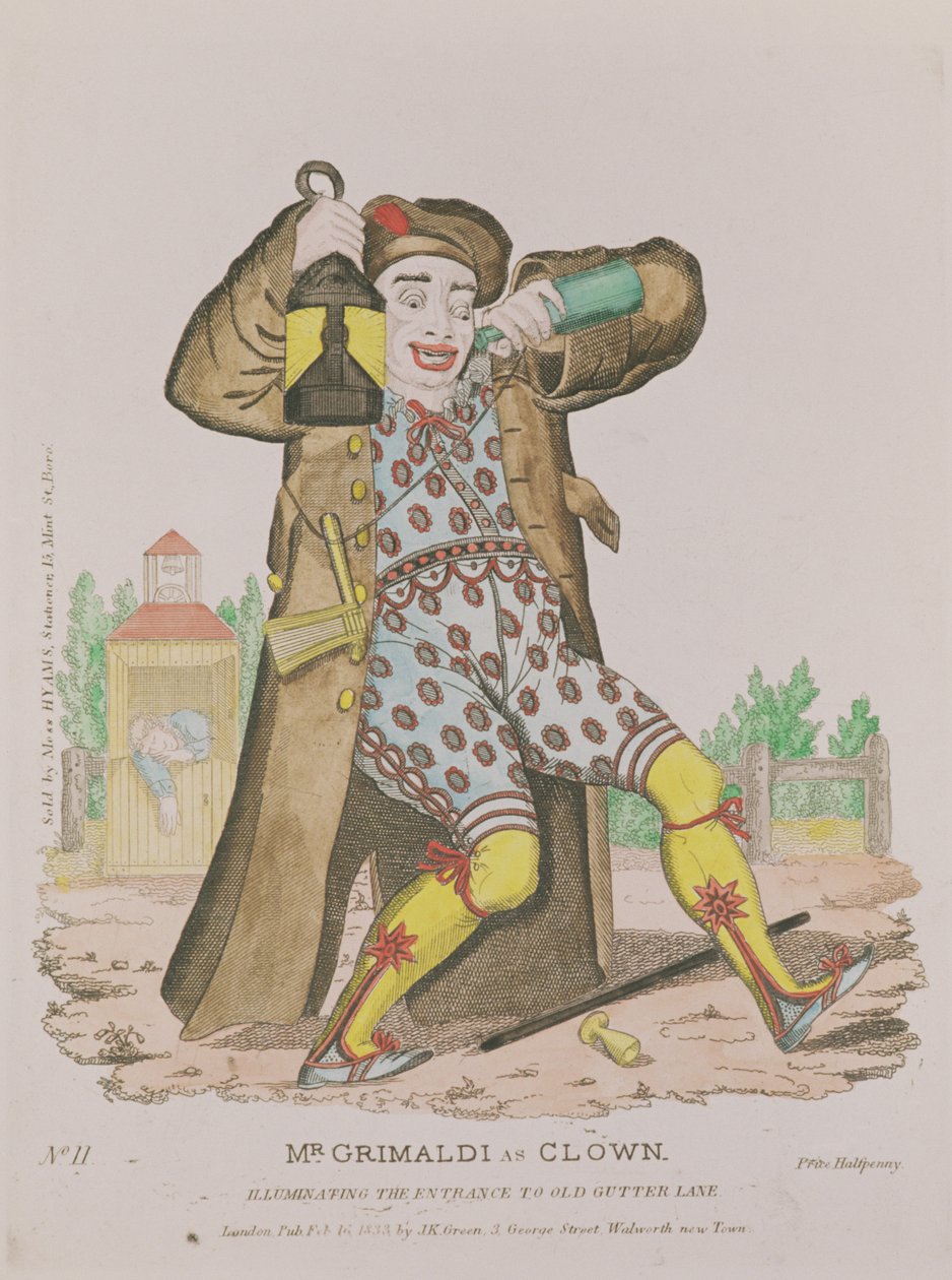Grimaldi先生是小丑，照亮了Old Gutter Lane酒吧的入口。 1833 作者 英语学校
