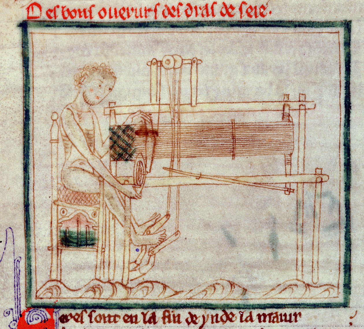 女士0.9.34 fol.32v Treadle Loom，来自亚历山大的浪漫，1250年 作者 英语学校