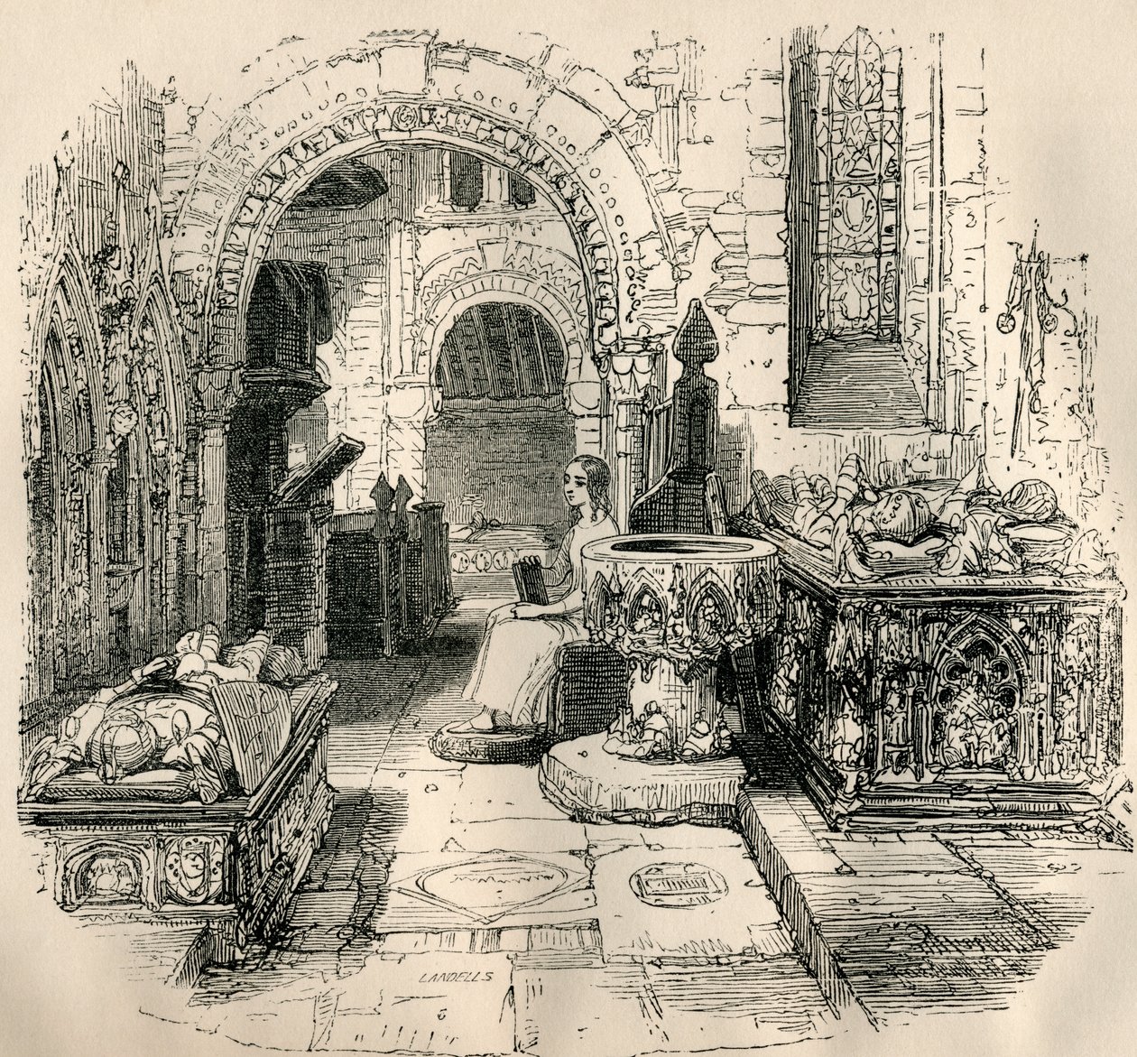 Nell Trent坐在古老的教堂里，来自Charles Dickens的“The Old Curiosity Shop” 作者 英语学校