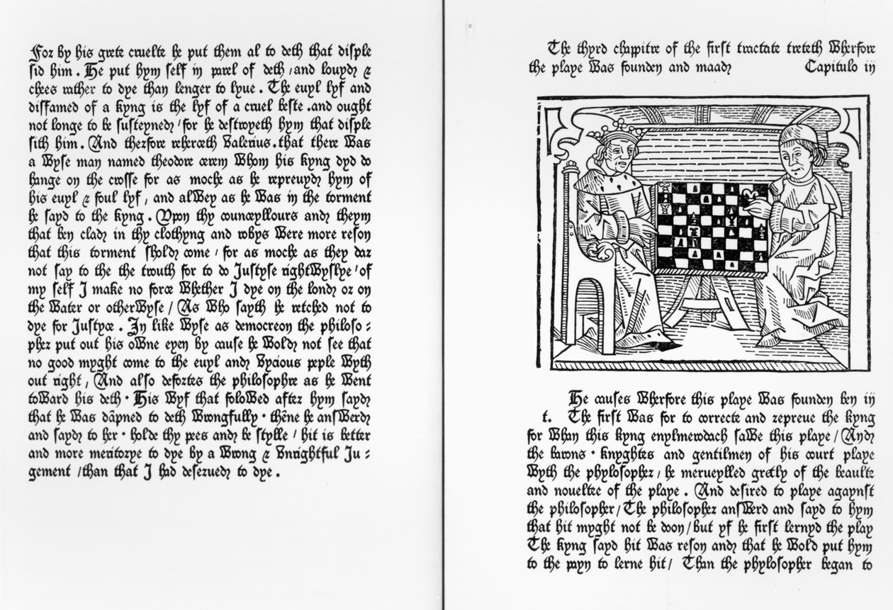 来自Jacques de Cessoles的&39;De Ludo Saccorum&39;英文译本中的页面，包括两个下棋的插图，c.1483 作者 英语学校
