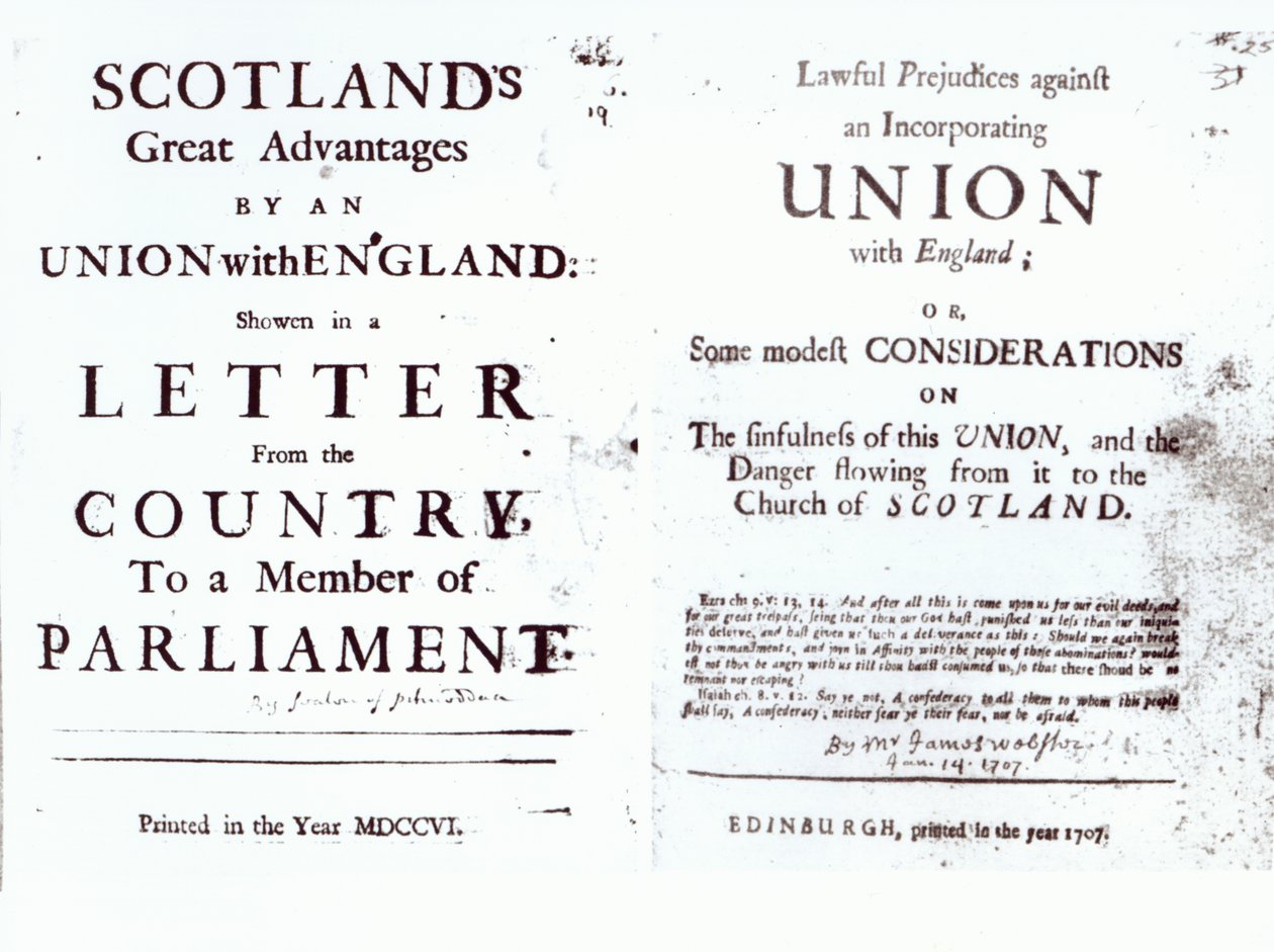 小册子显示英国 - 苏格兰工会辩论的双方，1707年 作者 英语学校