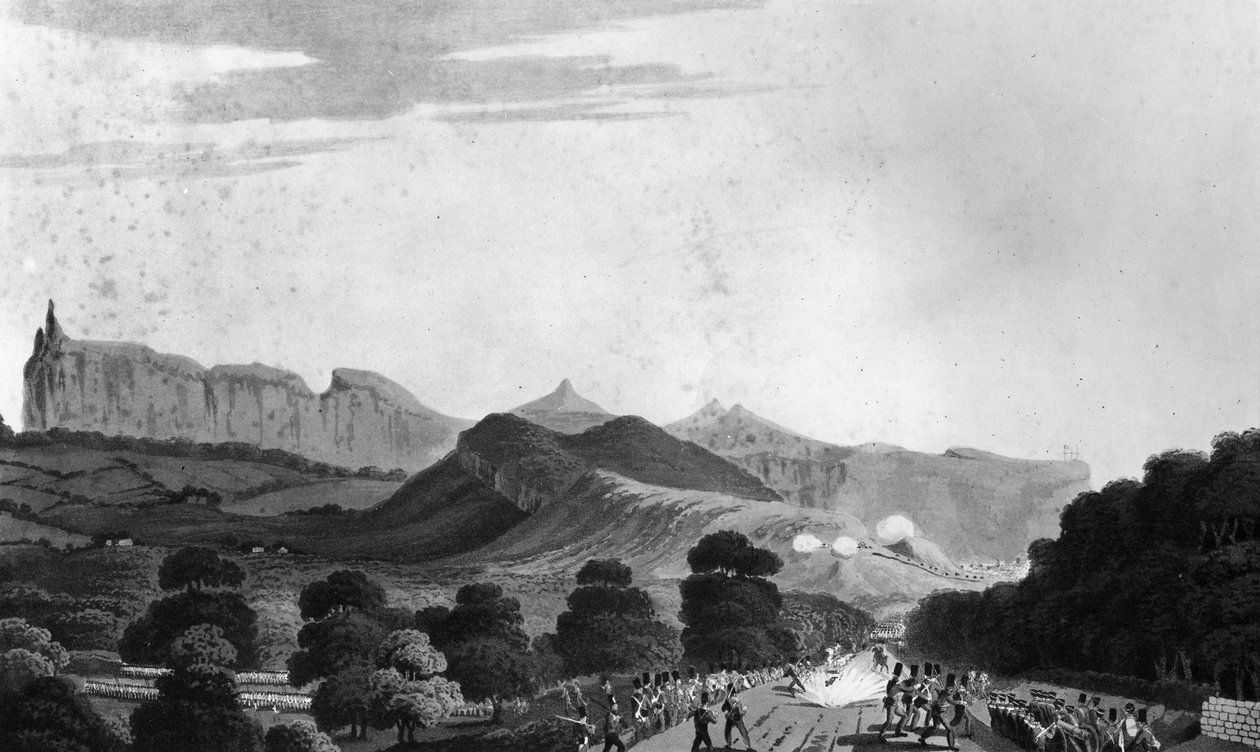 部分英国军队在路易港之前形成，由I. Clark雕刻，1813年（aquatint） 作者 英语学校
