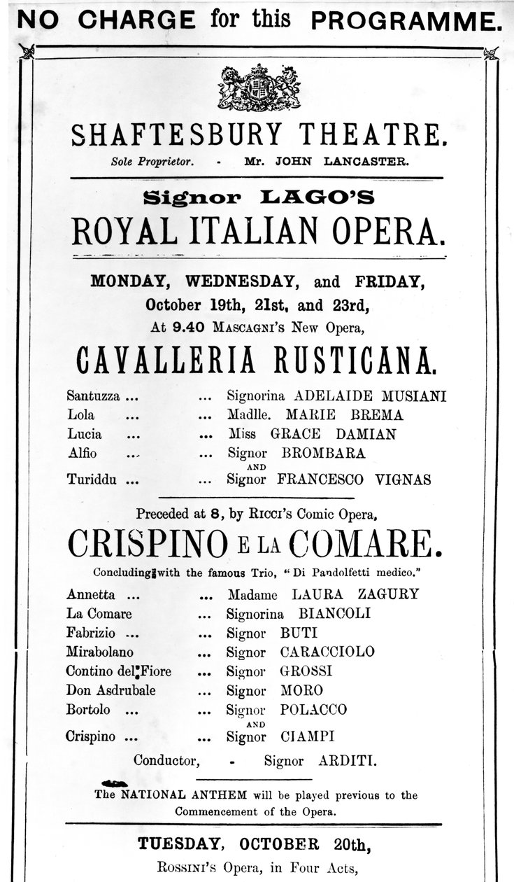 Playbill在1891年Shaftesbury剧院播放&39;Cavalleria Rusticana&39;和&39;Crispino e la Comare&39;的表演（印刷纸） 作者 英语学校
