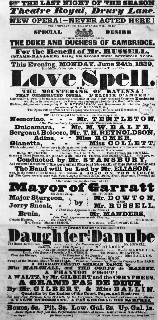 Playbill在1839年剑桥公爵和公爵夫人的要求下宣布“爱情咒语”的表演（印刷纸） 作者 英语学校
