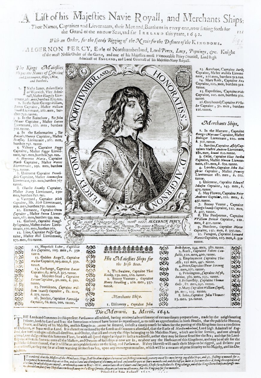 阿尔杰农·珀西的肖像，诺森伯兰郡的第十伯爵（1602-68），伴随着他的陛下皇家海军的名单，1642年 作者 英语学校