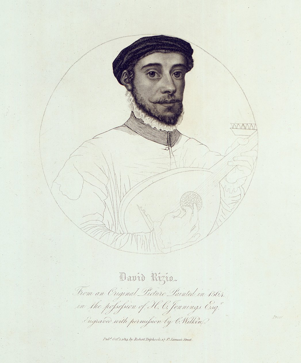 大卫·里齐奥（David Rizio）的肖像，来自1564年的原画，由C. Wilkin，酒吧雕刻。伦敦，1814年 作者 英语学校