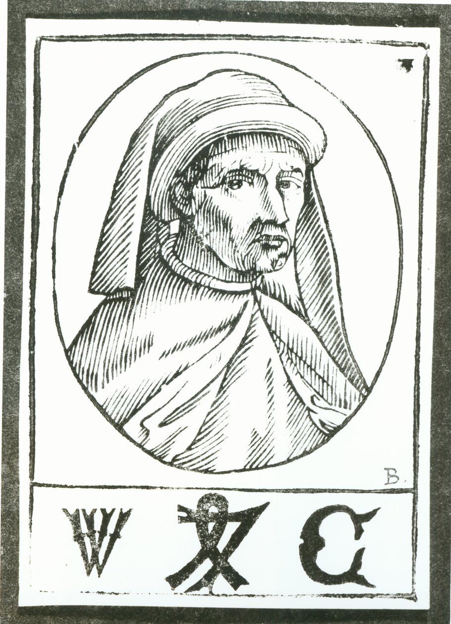 William Caxton的肖像（c.1422-91）和他的打印机标记 作者 英语学校