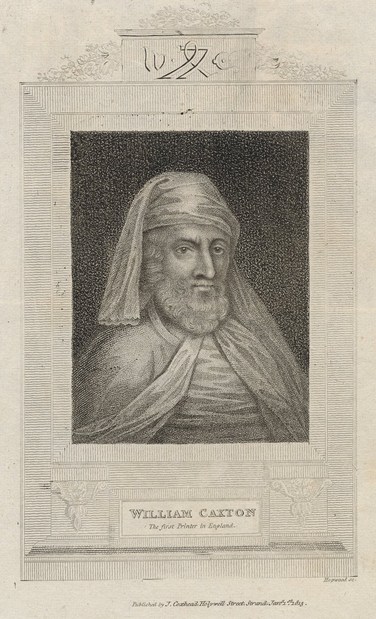 William Caxton的肖像（c.1422-91）和他的打印机标记 作者 英语学校