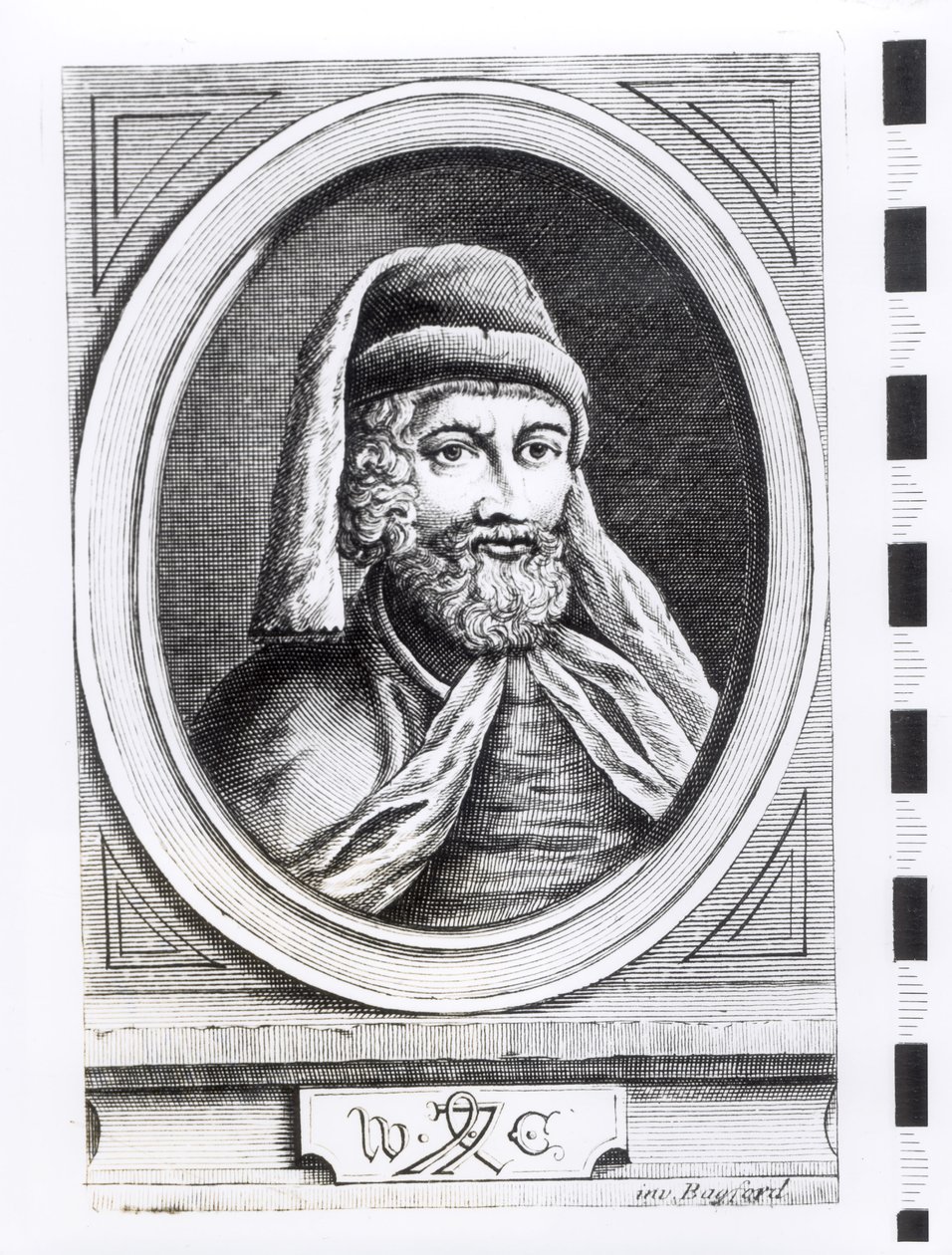 William Caxton的肖像（c.1422-91）和他的打印机标记 作者 英语学校