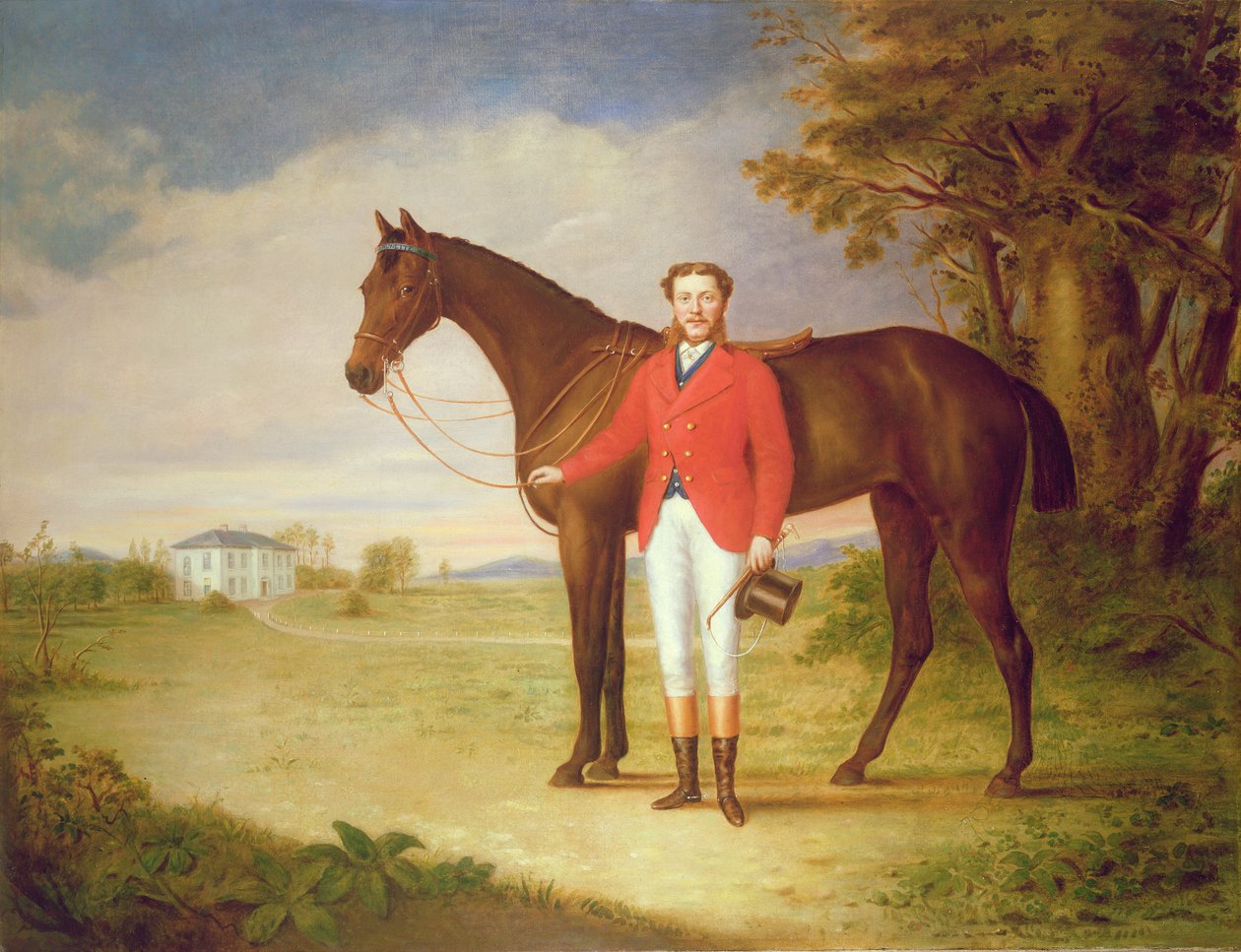 与他的马的绅士的肖像，c.1840（对80978） 作者 英语学校