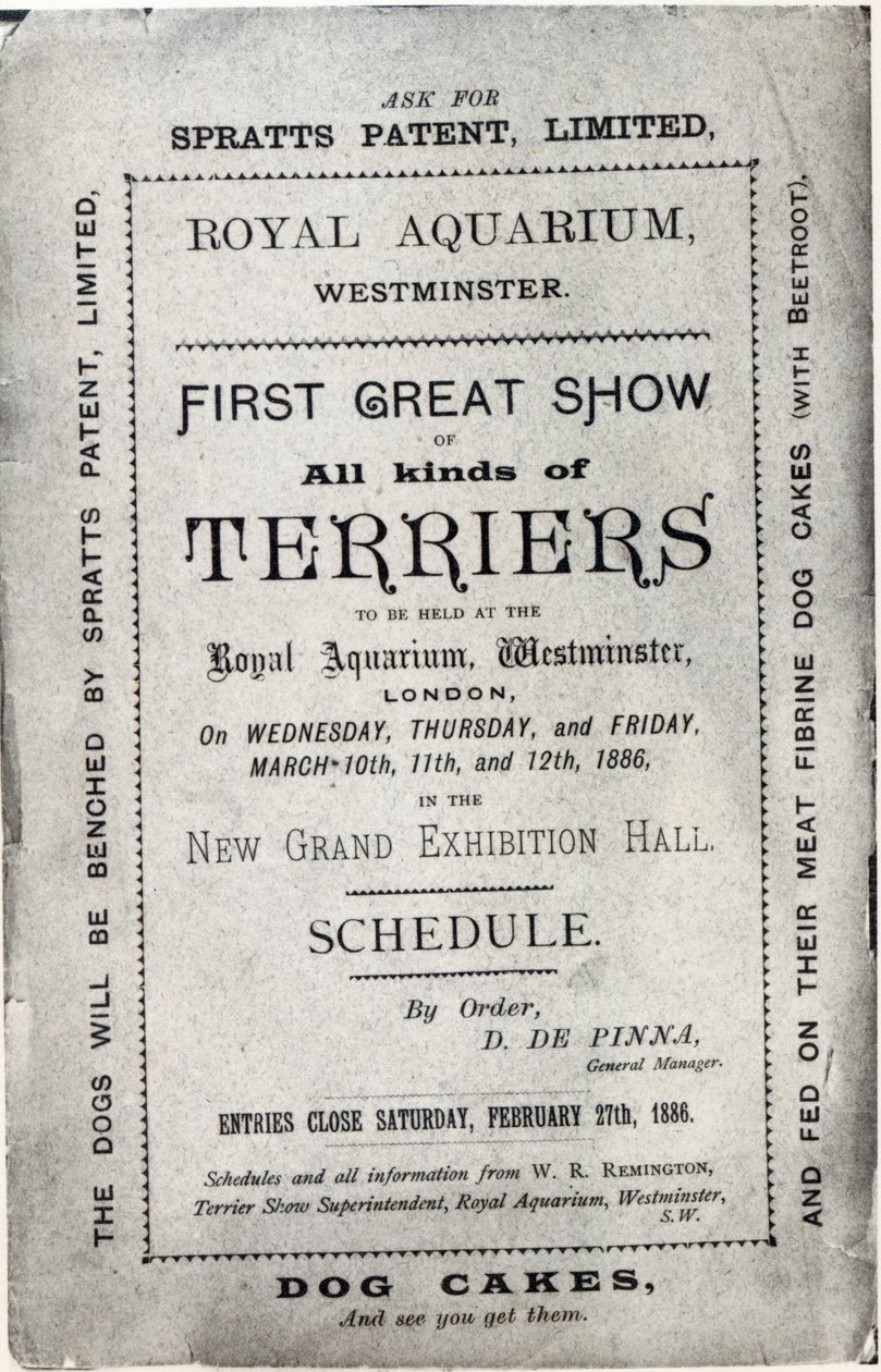 海报在1886年在威斯敏斯特皇家水族馆宣传Allied Terrier Club Show 作者 英语学校