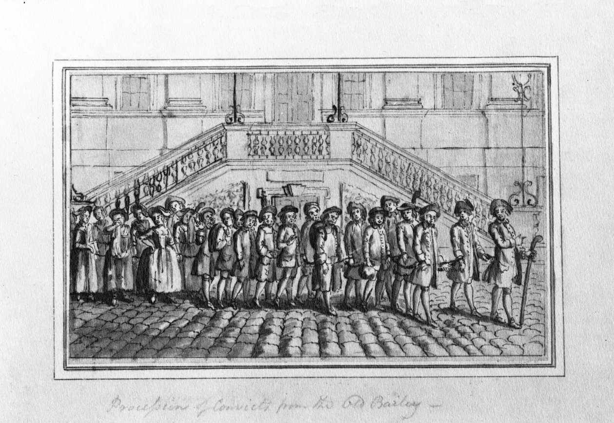 来自Old Bailey的罪犯游行，第1750-1800页（纸笔和墨水在纸上洗灰） 作者 英语学校