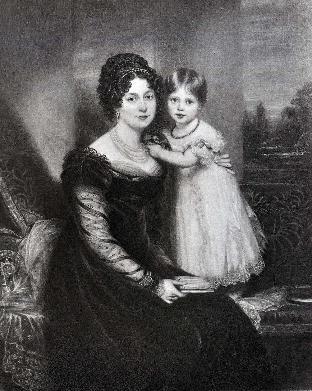 维多利亚女王与她的母亲肯特公爵夫人婴儿，1822年 作者 英语学校