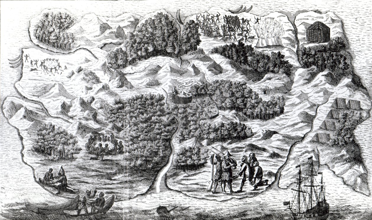 鲁宾逊漂流记的岛屿，由克拉克和派恩雕刻，1719年 作者 英语学校