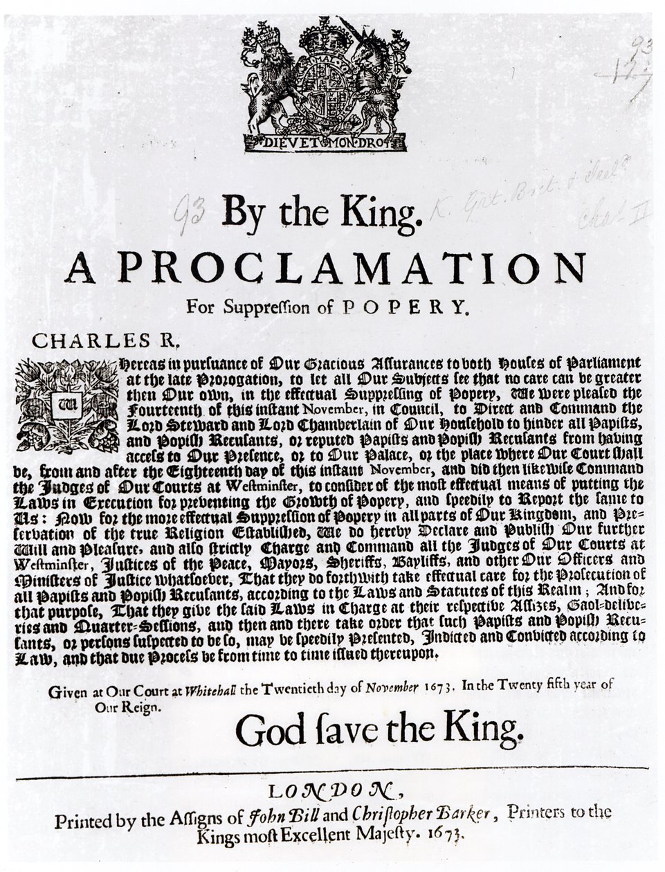 皇家宣言，1675年 作者 英语学校