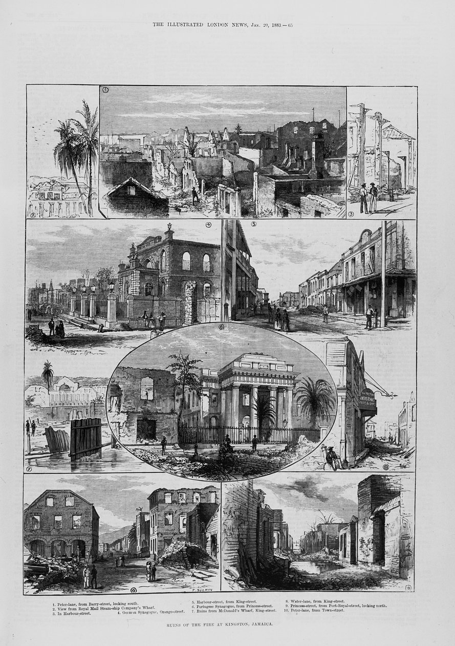 1883年1月20日，1842年1月20日，“插图伦敦新闻”中牙买加金斯敦的火灾遗址 作者 英语学校