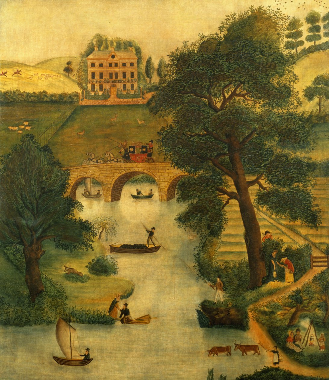 与教练和马的农村场面，c.1835 作者 英语学校