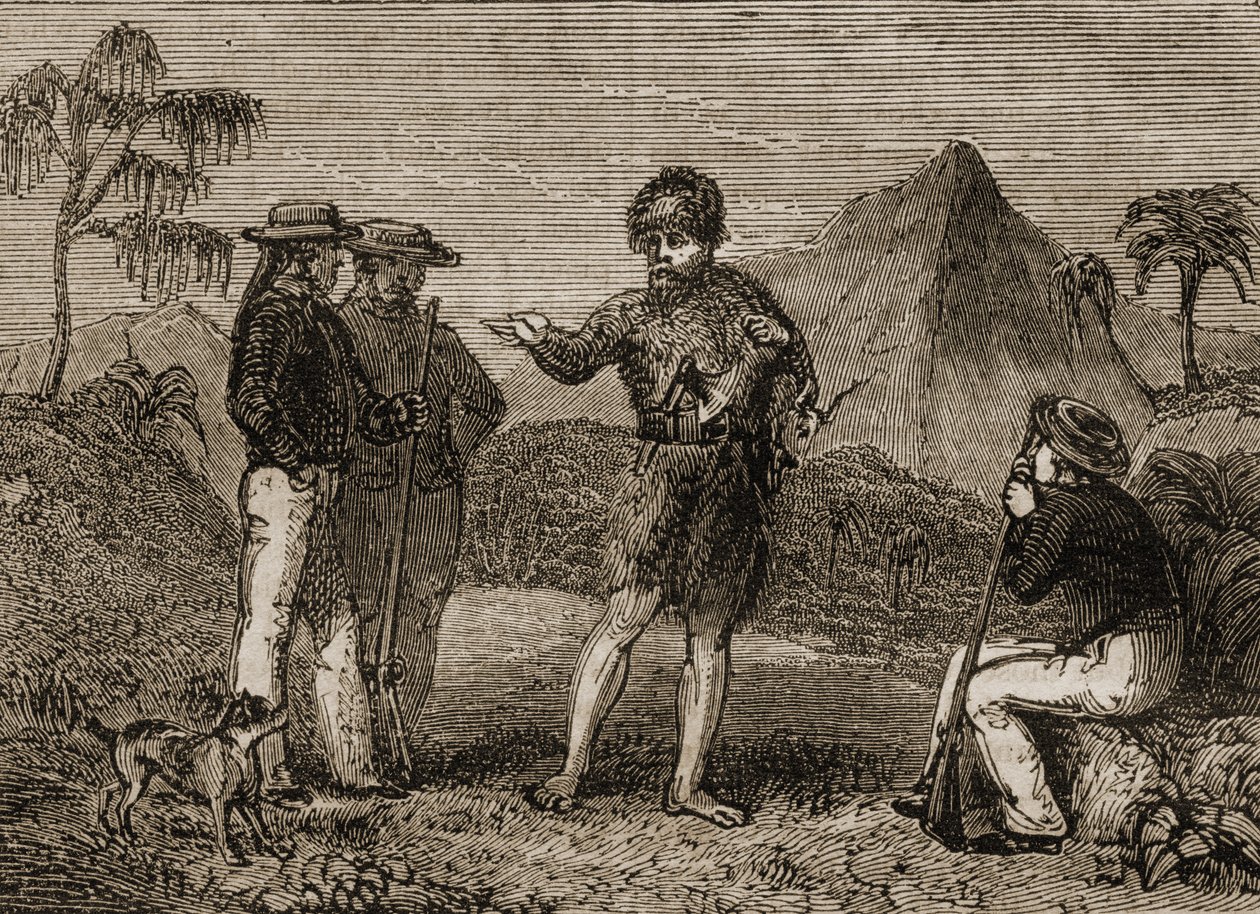 塞尔柯克和英国水手，1838年出版的“旅行者的故事或世界观”的插图 作者 英语学校