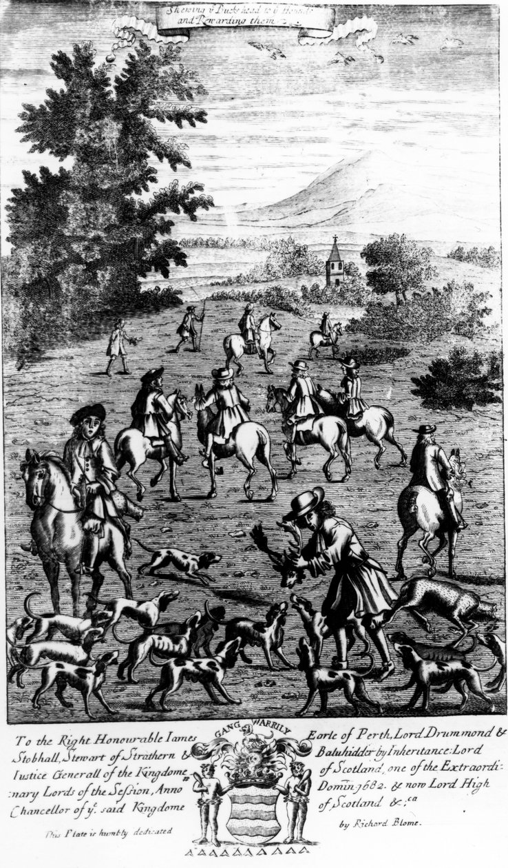 从1686年Richard Blome出版的“The Gentleman&39;s Recreation”中展示你们Bucke前往猎犬并奖励他们 作者 英语学校