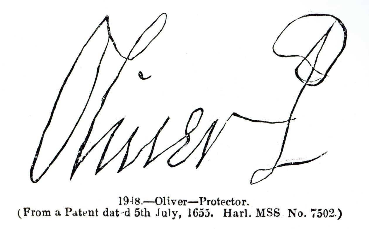 Oliver Cromwell（1599-1658）Lord Protector签名，来自1655年7月5日的专利手稿（Harl.MSS No.7502） 作者 英语学校