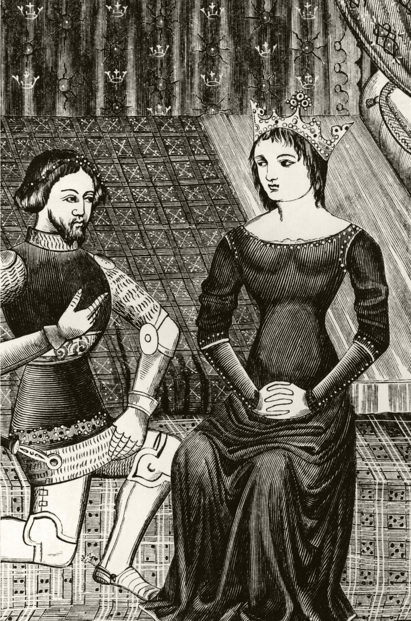 Lancelot爵士跪在Queen Guinevere面前，雕刻在12世纪的缩影之后 作者 英语学校