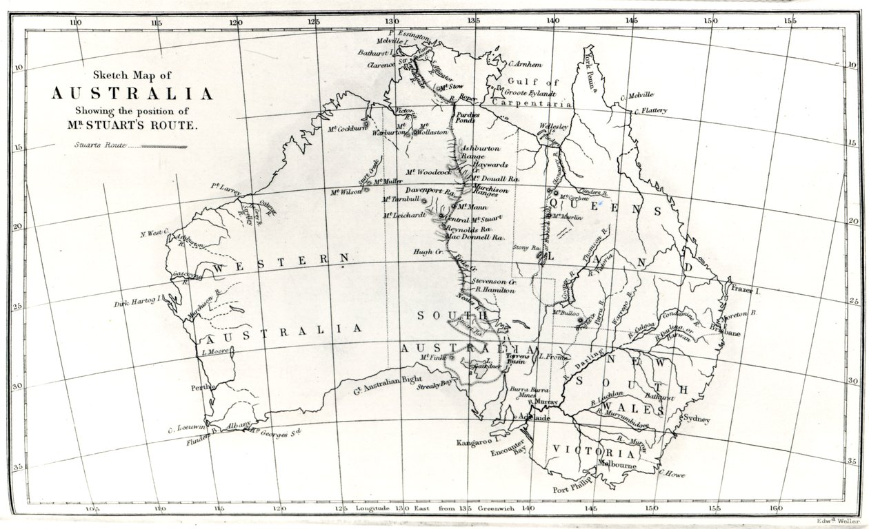 澳大利亚的草图，显示1864年斯图尔特先生的路线的位置 作者 英语学校