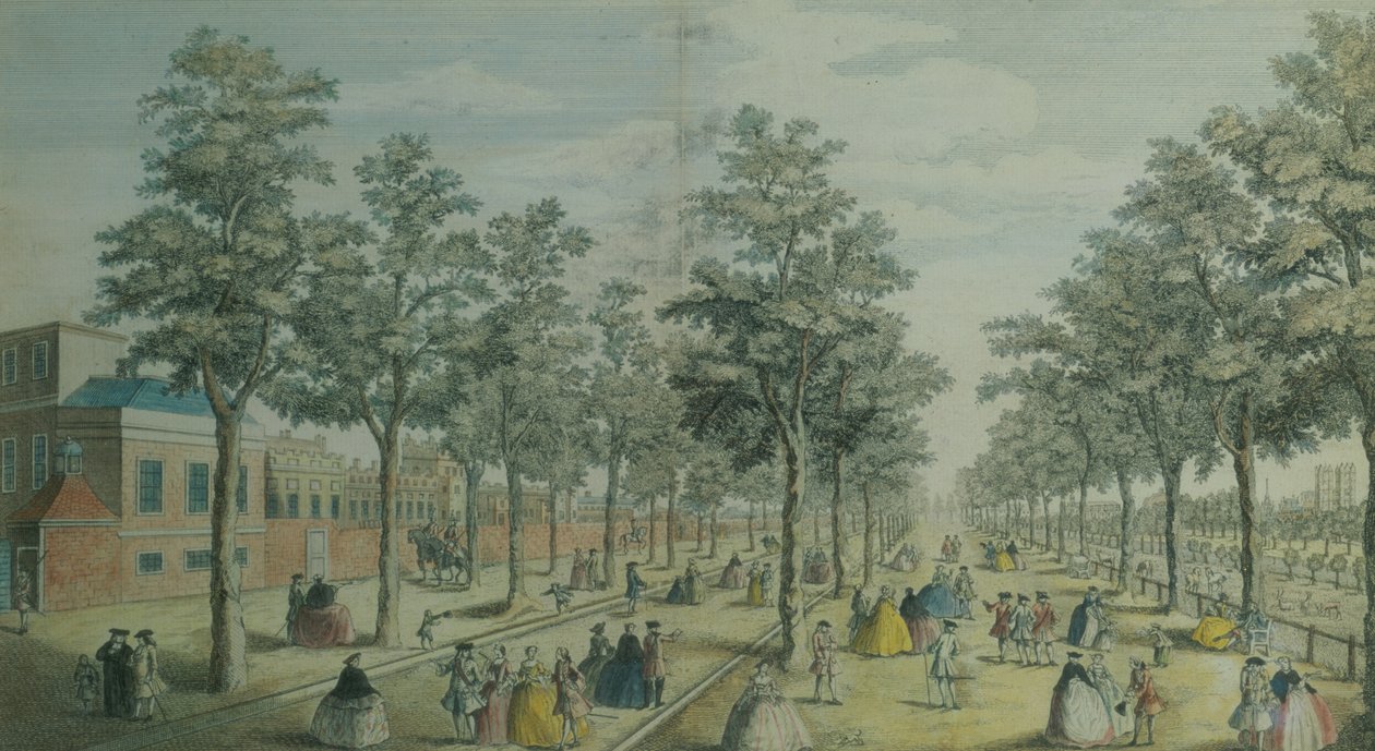 1750年在Stable Yard附近拍摄的圣詹姆斯公园（彩色雕刻） 作者 英语学校