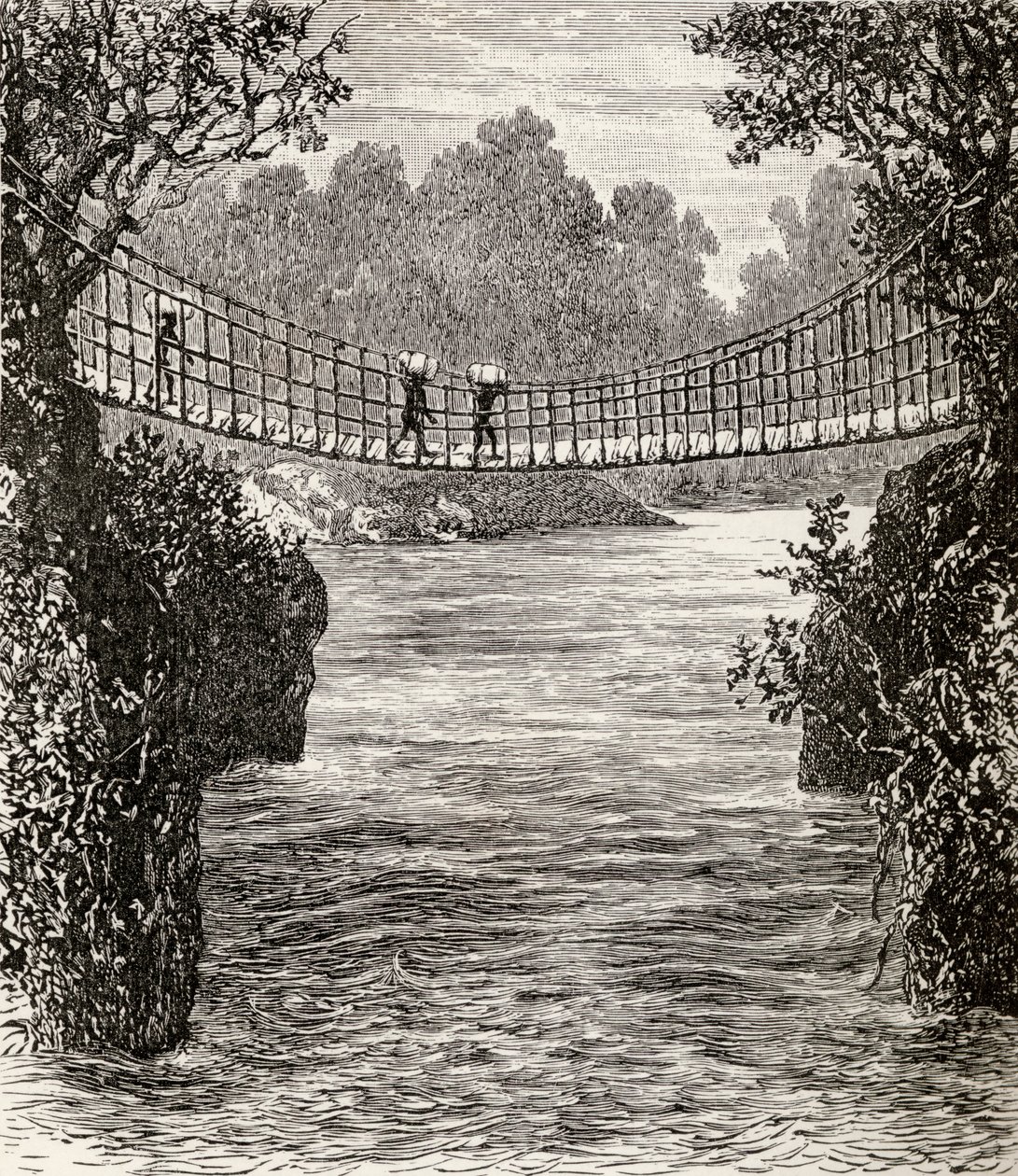 悬索桥横跨伊图里河，刚果，1890年（木雕） 作者 英语学校