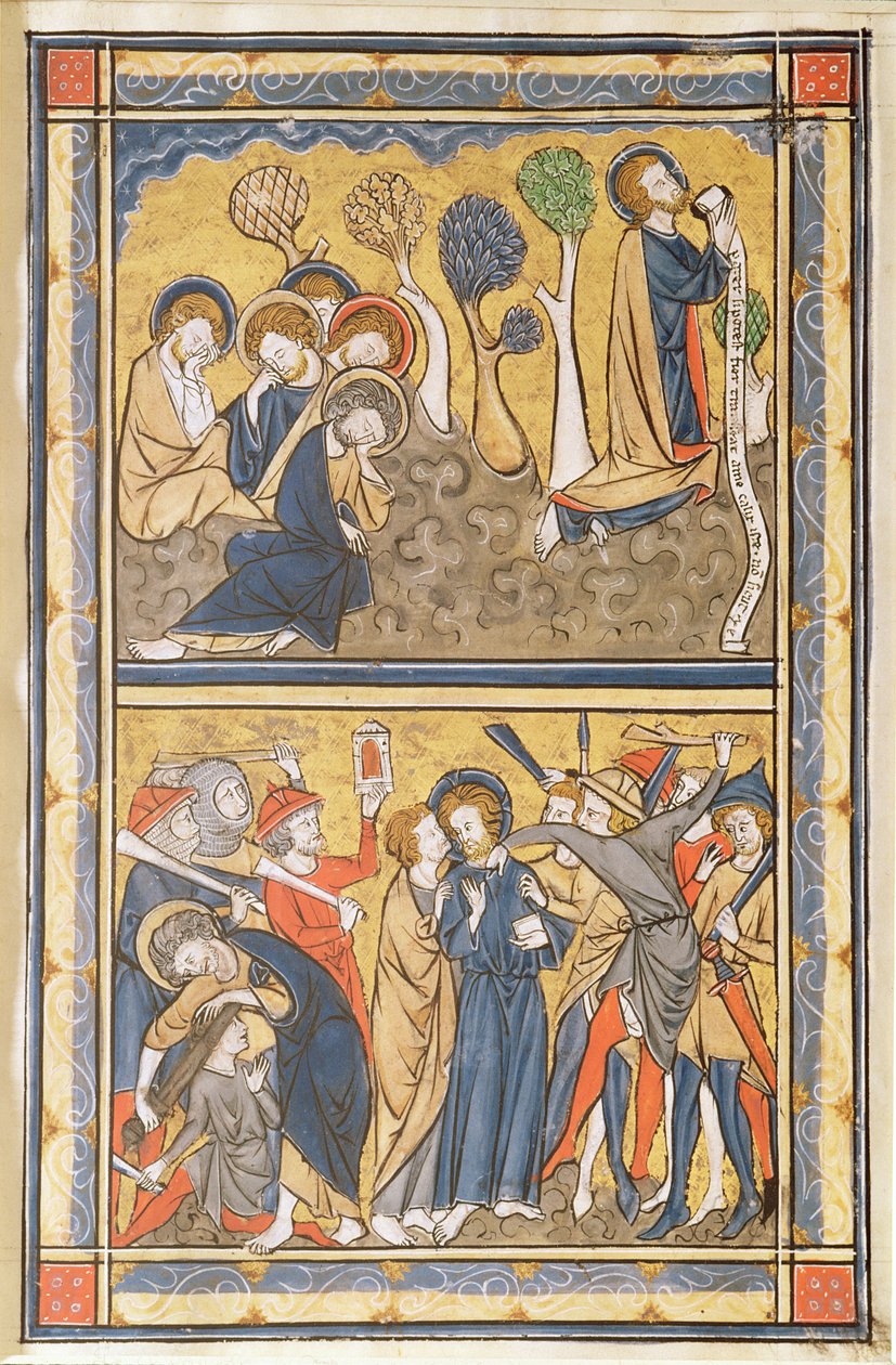 花园里的痛苦和基督的背叛，叶子来自诗篇，c.1270（蛋白质上的蛋彩画，墨水和金箔） 作者 英语学校